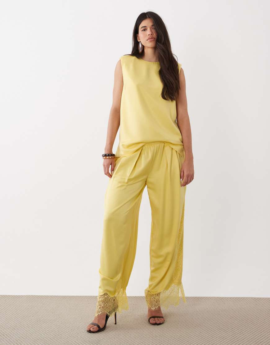 ASOS DESIGN satin wide leg trousers with lace in lemon yellow-White | ASOS (Global)