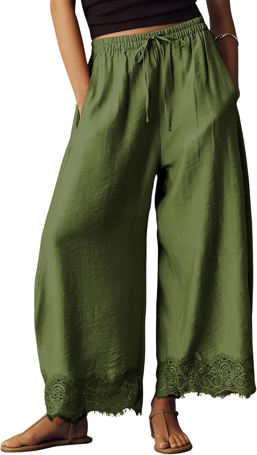 Lviefent Womens Cropped Lace Hem Pants Casual Boho Wide Leg Capri Trousers | Amazon (US)
