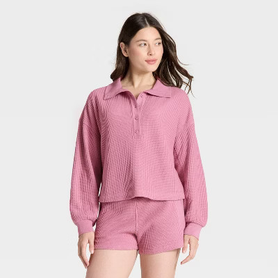 Women's Waffle Henley Sweatshirt - Auden™ Pink L | Target