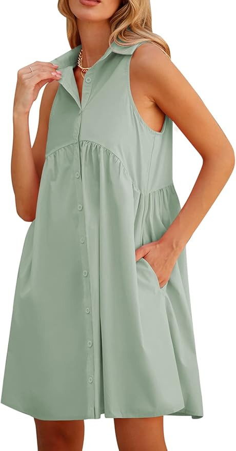 DEEP SELF Women Summer Collared Shirt Dress Casual Loose Button Down Short Dress V Neck Tunic Min... | Amazon (US)