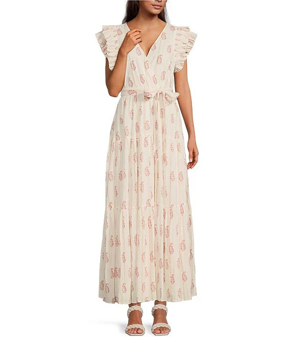 Floral Metallic Striped Print Surplice V-Neck Short Ruffled Sleeve Tiered Maxi Dress | Dillard's