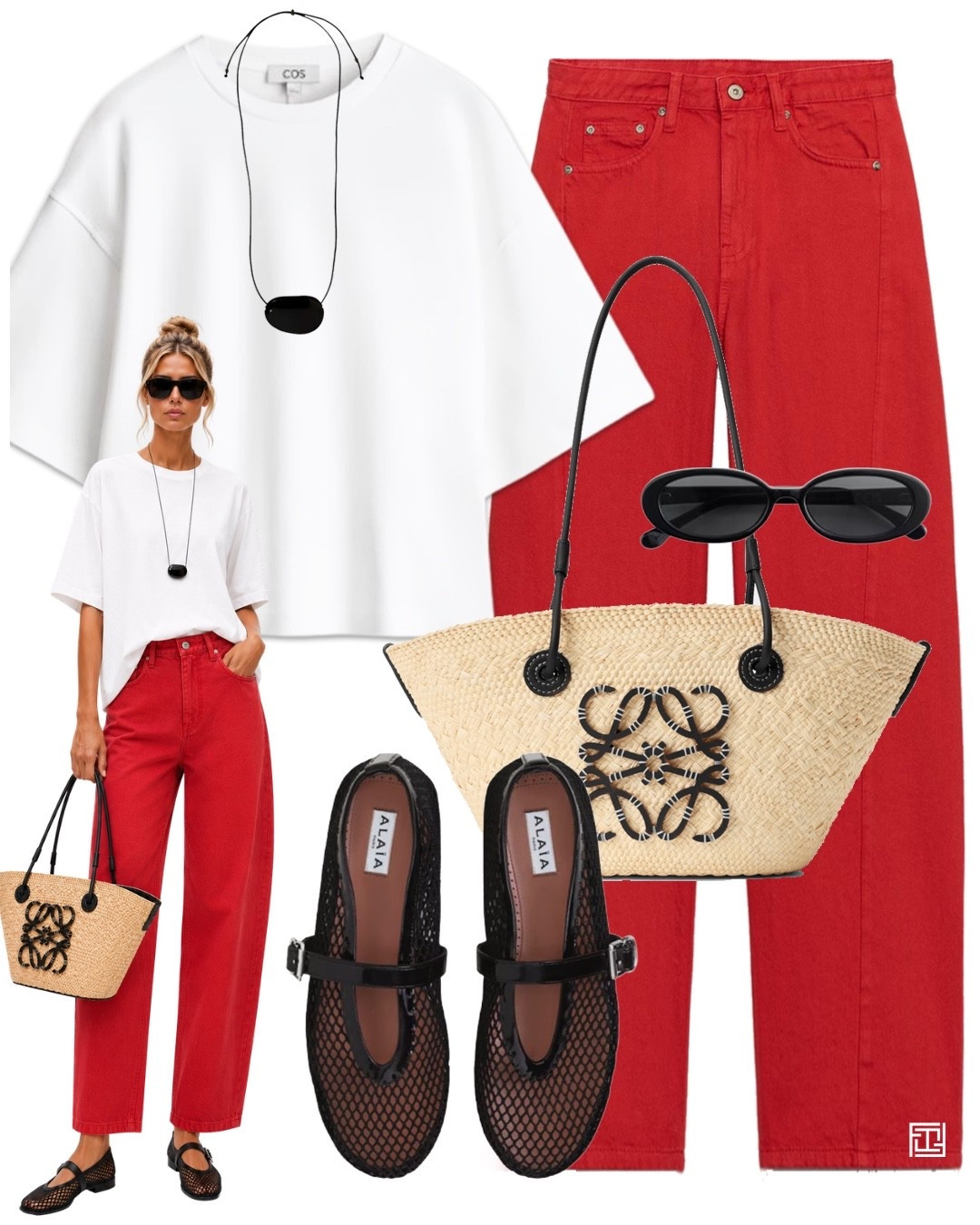 Red jeans white tshirt Loewe basket bag fishnet flats

#LTKsummer #LTKuk #LTKeurope