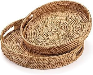 Rattan Round Serving Tray, Hand Woven Serving Basket with Cut - Out Handles, Wicker Fruit/Bread S... | Amazon (US)
