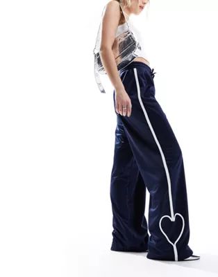 Monki heart stripe straight leg track pant trouser in navy and white | ASOS | ASOS (Global)