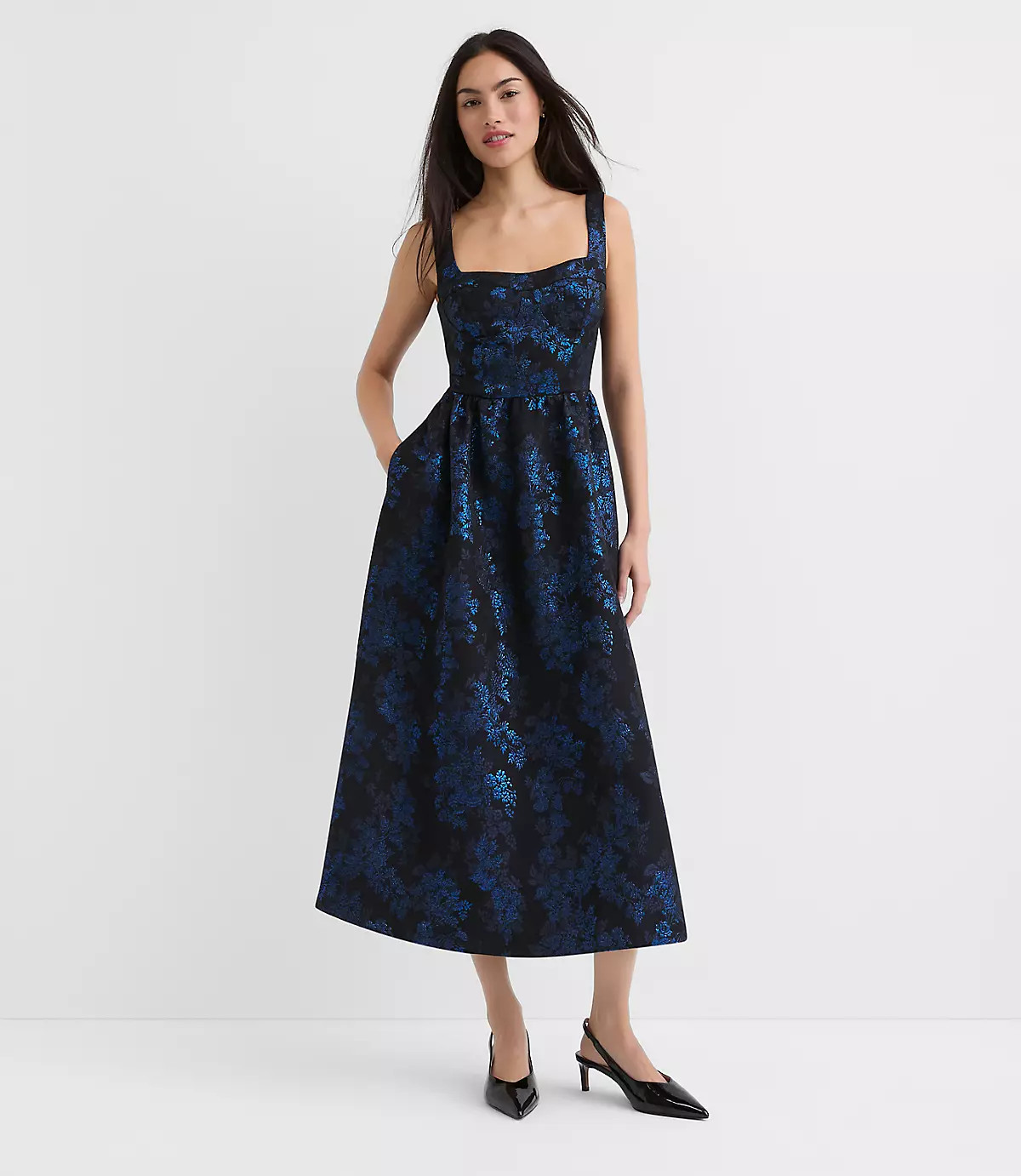 Tall Shimmer Floral Corset Seamed Midi Pocket Dress | LOFT