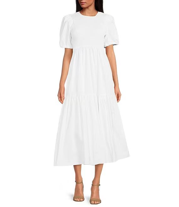 Mara Smocked Crew Neck Short Puff Sleeve Tiered Waistless Midi Dress | Dillards