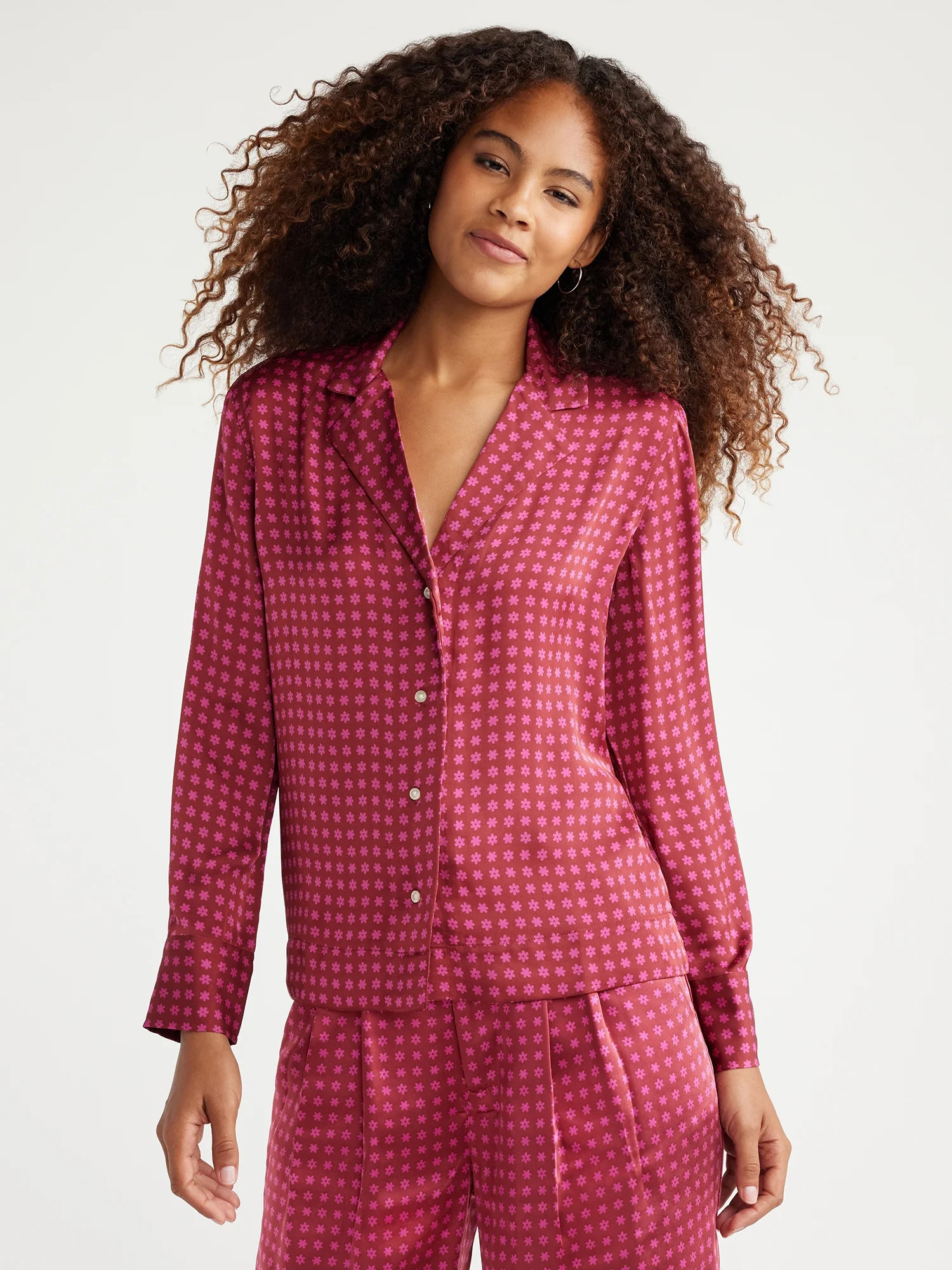 Free Assembly Women's Button Front Satin Blouse with Long Sleeves, Sizes XS-XXXL | Walmart (US)