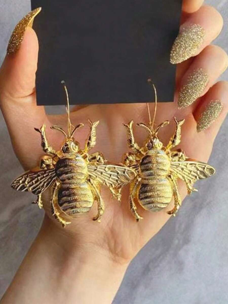 2pcs Creative Gold Bee Insect Earrings For Women, Fashionable Drop Earrings For Ladies As Delicat... | SHEIN
