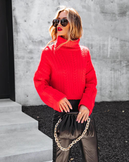 Georgie Cable Knit Turtleneck Pullover Sweater - Red | VICI