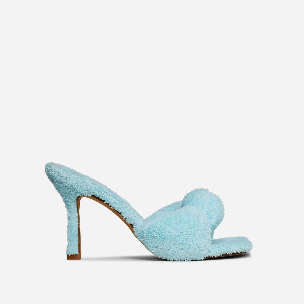 Rosewood Knotted Detail Square Toe Heel Mule In Blue Terry Towel Fabric | EGO Shoes (US & Canada)
