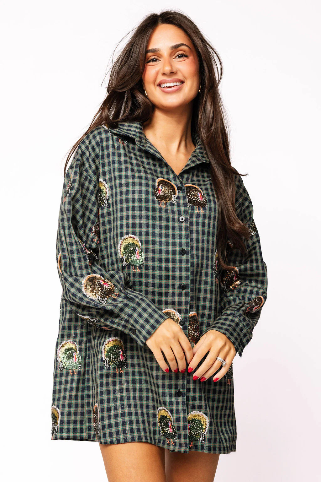 Navy Plaid Scattered Turkey Button Up Dress | Queen of Sparkles
