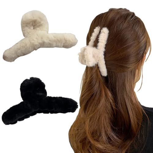 3pcs Fuzzy Claw Clip,Plush Hair Clamp for Thick Hair, Large Faux Fur Hair Claw Clips,cute hair clips for claw clips for Thin Hair | Amazon (US)