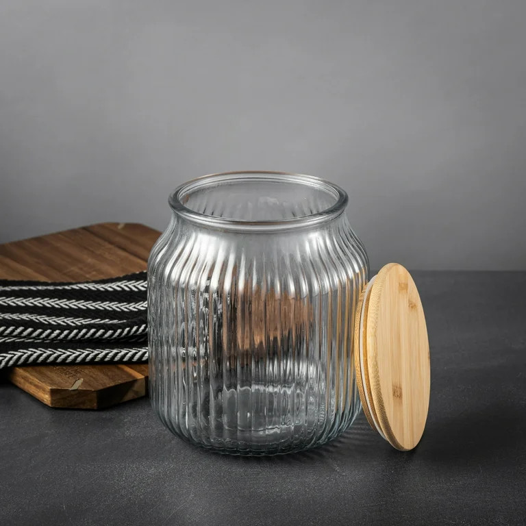 Thyme & Table Medium (2.6 L) Ribbed Glass Kitchen Organization Jar with Bamboo Lid, Clear | Walmart (US)