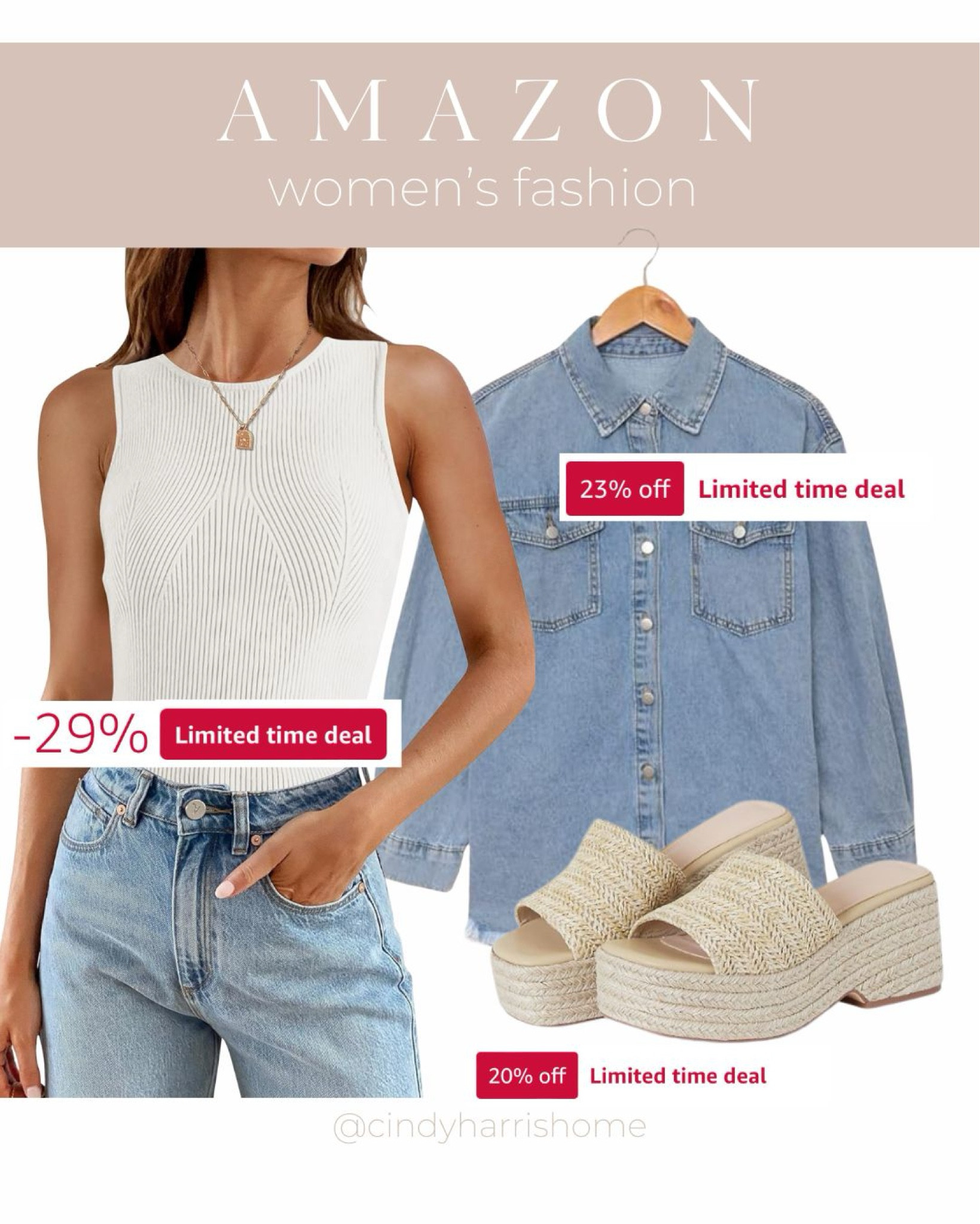 Wardrobe staples on sale today on Amazon! 

• white knit tank
• lightweight denim shacket
• nude platform sandals (I have these and they are a favorite!!) 

#LTKStyleTip #LTKSaleAlert #LTKSummerSales