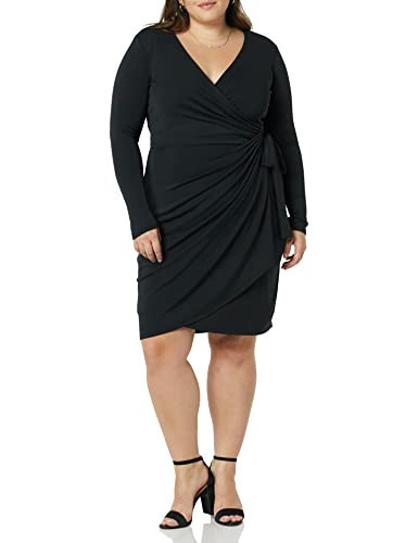 Amazon Essentials Women's Long Sleeve Classic Wrap Dress, V Neck, Pleated, Midweight Fabric (Available in Plus Size), Black, Large | Amazon (US)