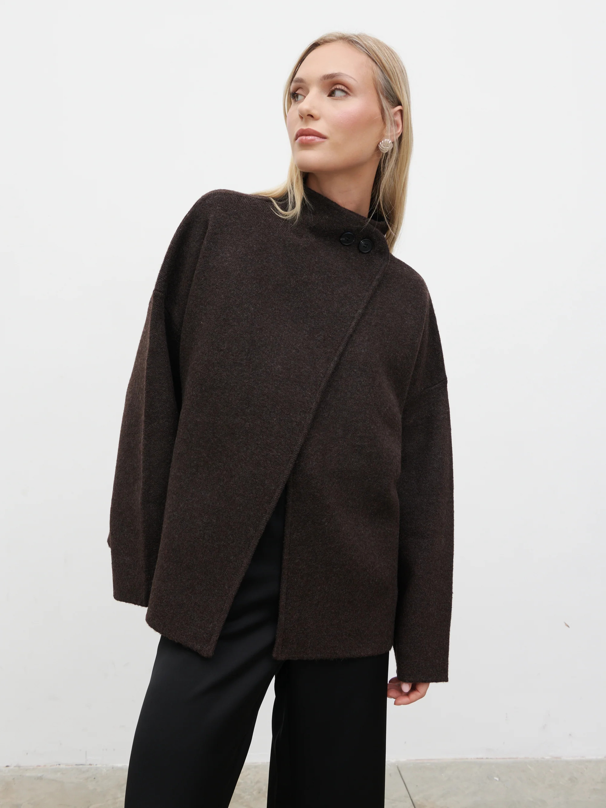 Sarlina Crossover Knit Cardigan With Button Neck - Chocolate Brown | Pretty Lavish (UK)