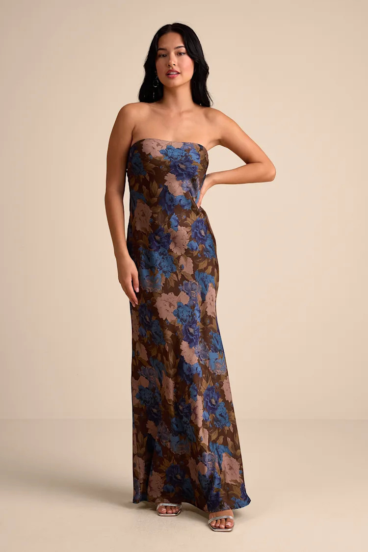 Artemisia Brown Multi Floral Strapless Bow Maxi Dress | Bachelorette Outfits  | Lulus