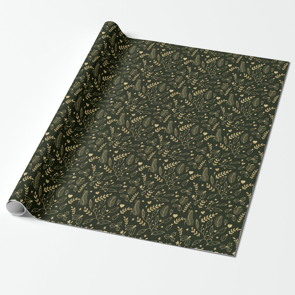 Gold Holly and Emerald Green Holiday Wrapping Paper | Zazzle