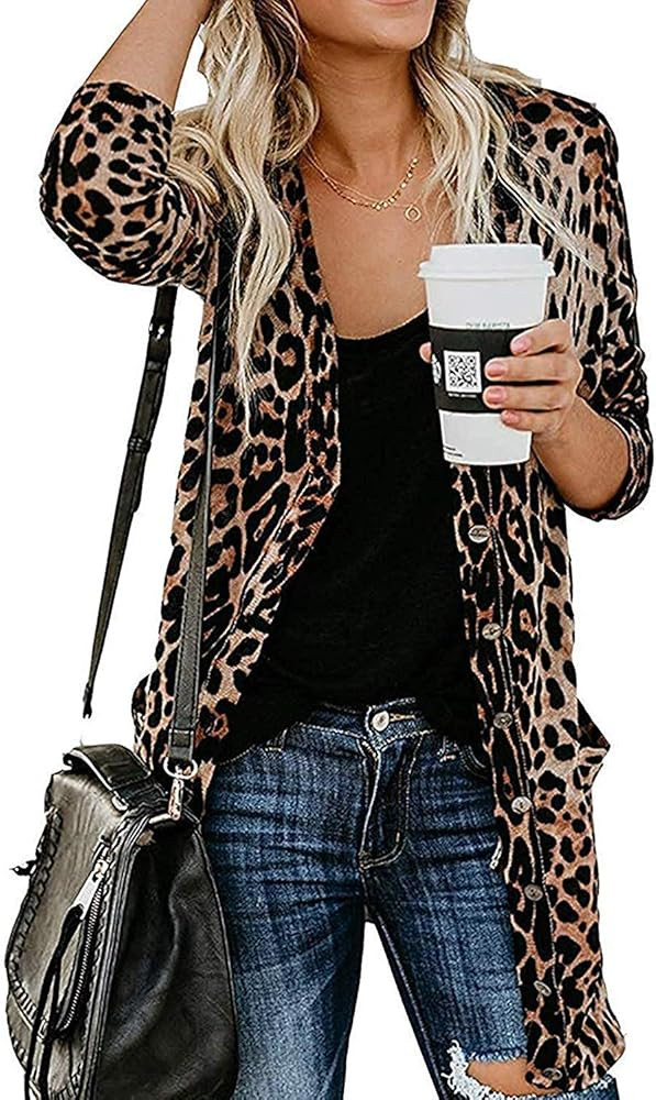 Women's Leopard Printed Cardigans Shirt Lightweight Button Down Cardigans Coat W Pockets(S-2XL) | Amazon (US)