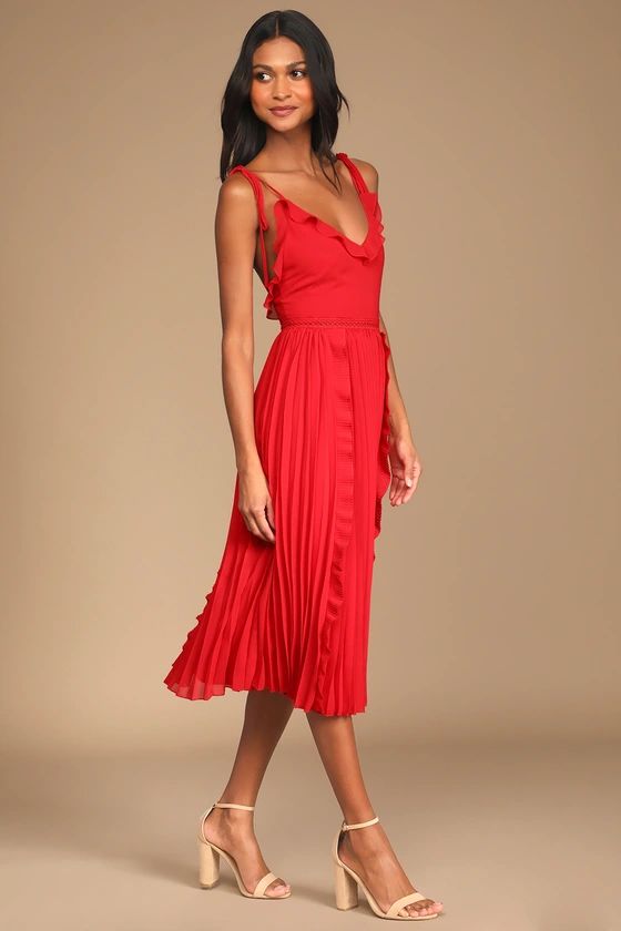 Never a Dull Moment Bright Red Tie-Strap Pleated Midi Dress | Lulus (US)