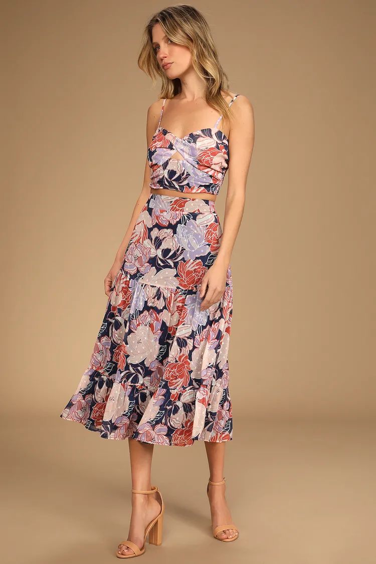 Floating Through Flowers Multi Floral Two-Piece Midi Dress | Lulus