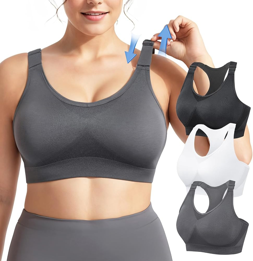FITTIN Support Sports Bras for Women: 3 Pack Adjustable Racerback Padded Full Coverage Bra for Gy... | Amazon (US)