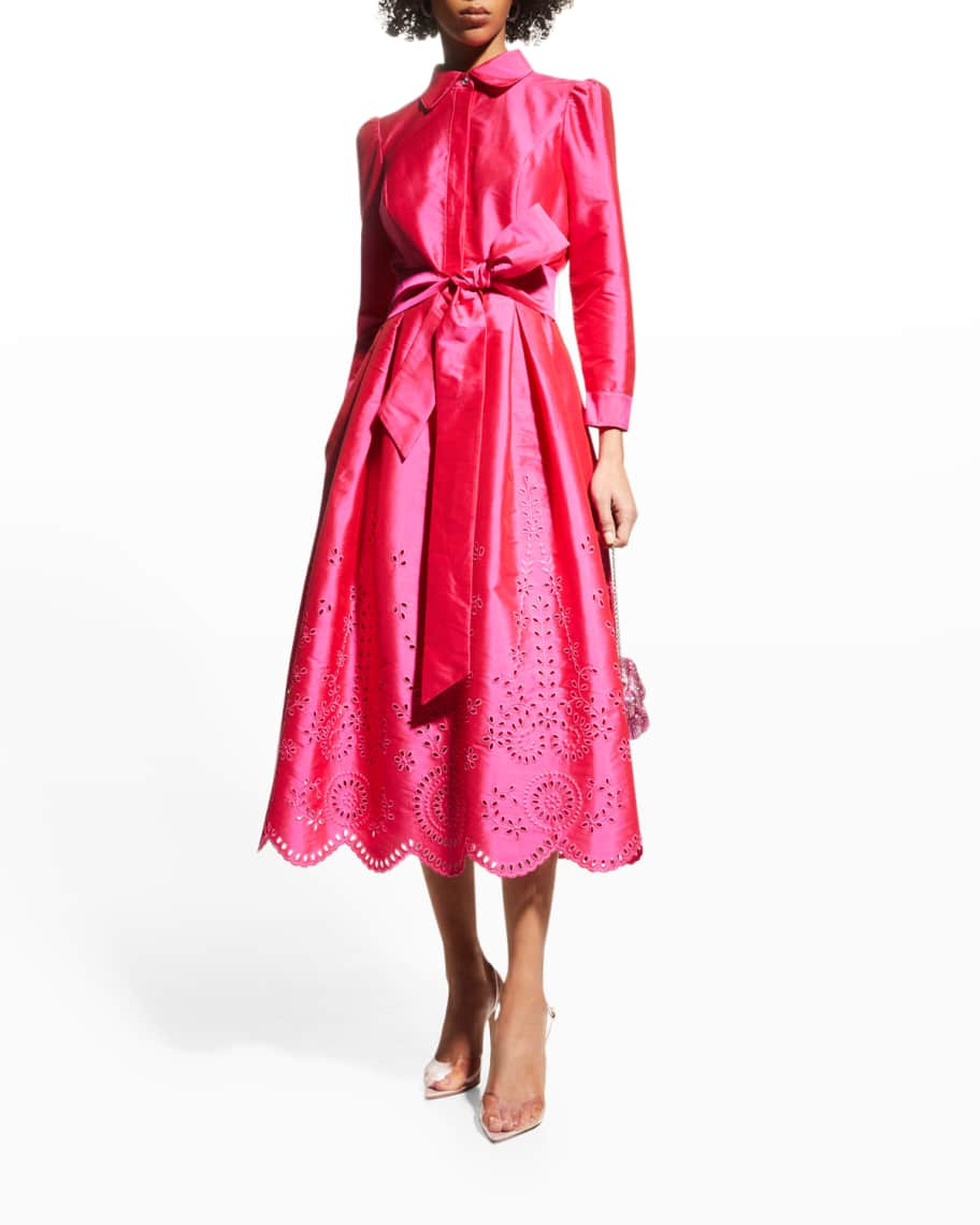 Rickie Freeman for Teri Jon Taffeta Eyelet Shirtdress w/ Scalloped Hem | Neiman Marcus