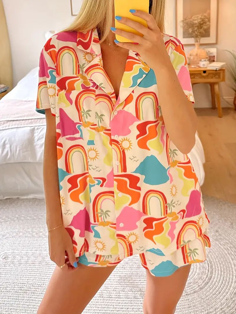 Contrast Rainbow Print Pajama Set, Casual Short Sleeve Buttons Lapel Top & Elastic Shorts, Women'... | Temu Affiliate Program