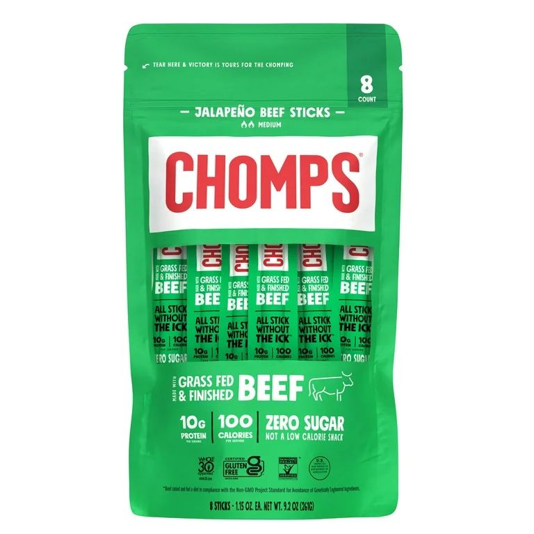 Chomps Zero Sugar Jalapeno Beef Jerky Sticks 1.15oz 8 Count Multipack Resealable Bag | Walmart (US)