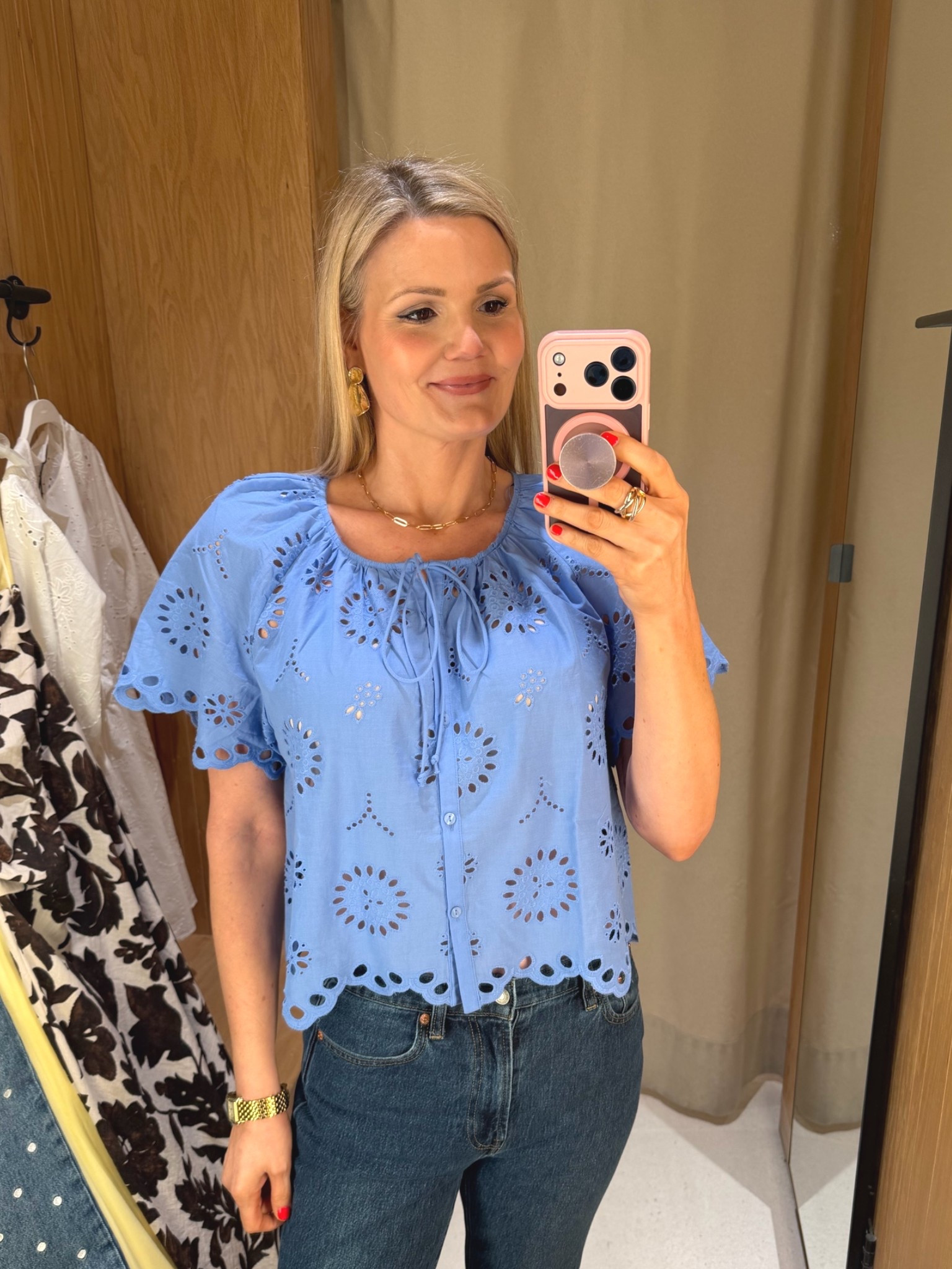 Pretty eyelet blue blouse. Wearing size small, runs big.

#LTKOver40 #LTKWorkwear #LTKTall