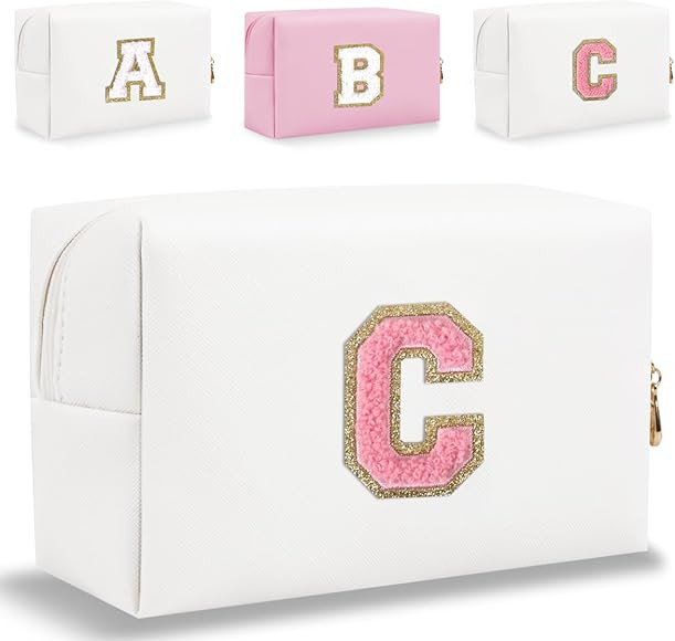 Small Personalized Letter Makeup Bag, Cute PU Leather Chenille Letters Cosmetic Bag Travel Makeup... | Amazon (US)