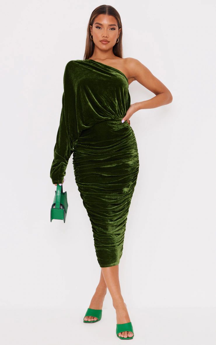 Olive  Velvet One Shoulder Ruched Midi Dress | PrettyLittleThing US
