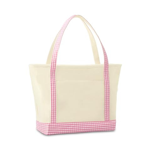 EMBRUNIOICE Tote Bag for Women,Canvas Gingham Handbag with Zipper and Pockets,Shoulder Bag for Work Travel Beach (Pink) | Amazon (US)