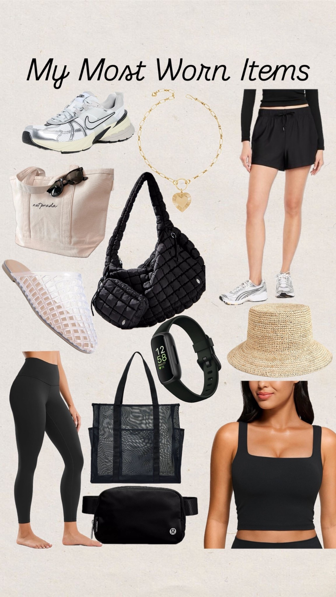 Nike sneakers
Bucket hat
Free people quilted bag
Jellies
Beach bag
Boat tote
Shorts
Brinker and Eliza