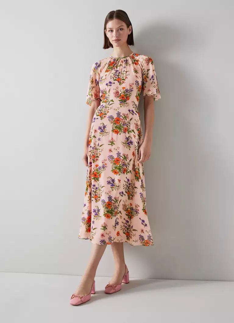 Elowen Pink Poppy Print Midi Dress | L.K. Bennett (UK)