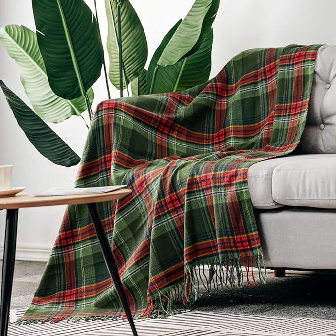 LALIFIT Soft Fluffy Green Red Plaid Fringe Blanket, Lightweight Throw with Tassels for Home Decor... | Amazon (US)