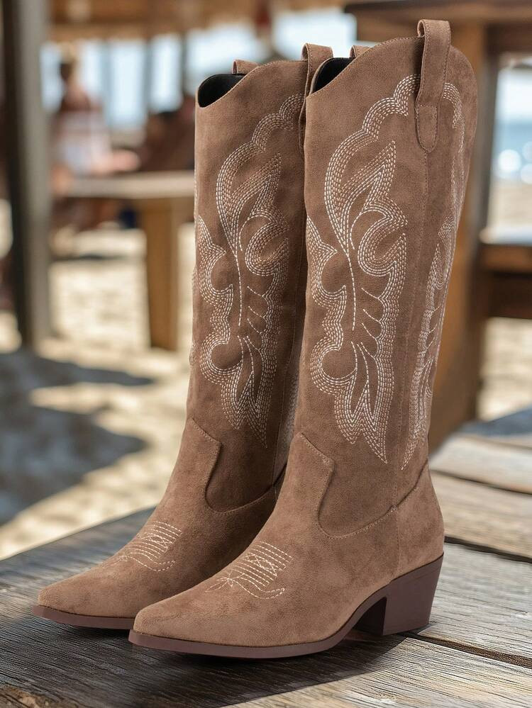 Autumn/Winter Comfortable High Shaft Chunky Heel Anti-Slip Versatile Knee-High Boots, Retro Western Style Embroidered Boots, Casual Over-The-Knee Boots For Women | SHEIN