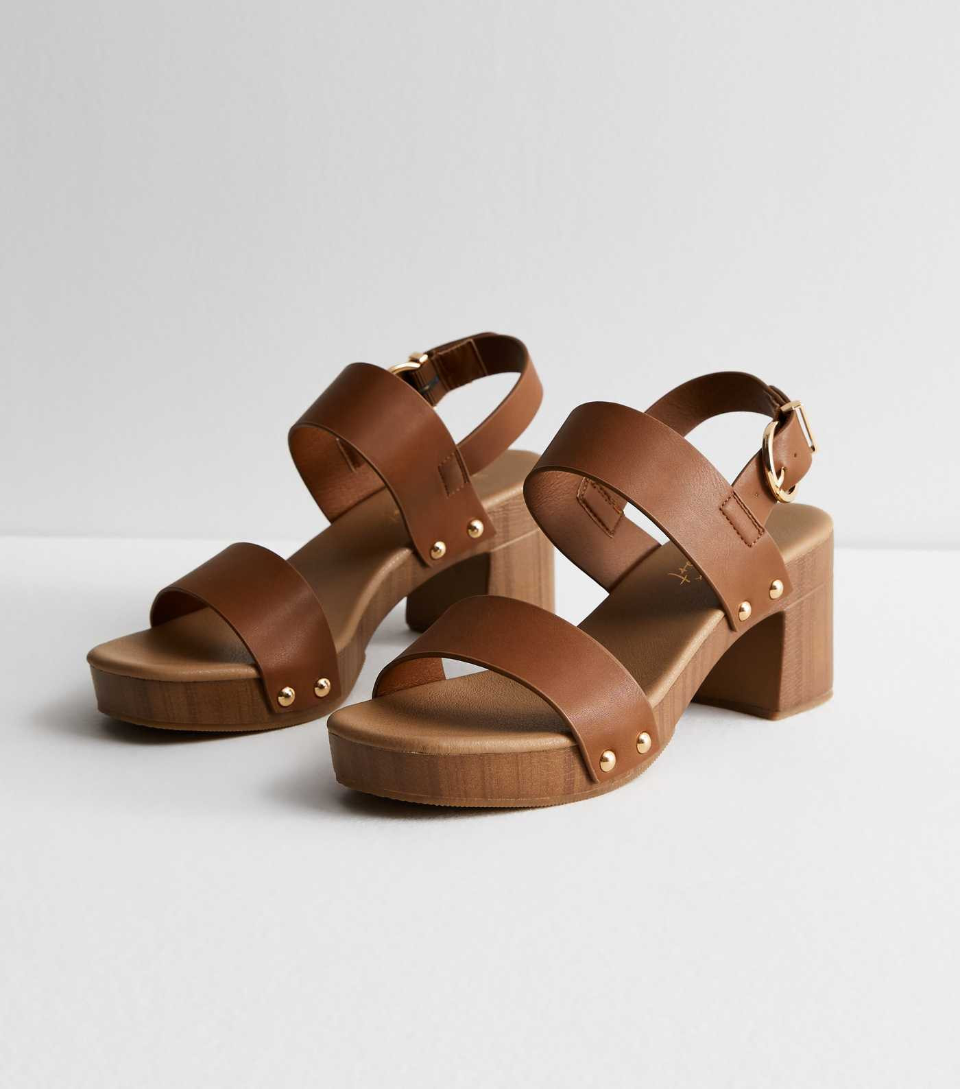 Tan Leather-Look 2 Part Clog Block Heel Clog Sandals | New Look | New Look (UK)