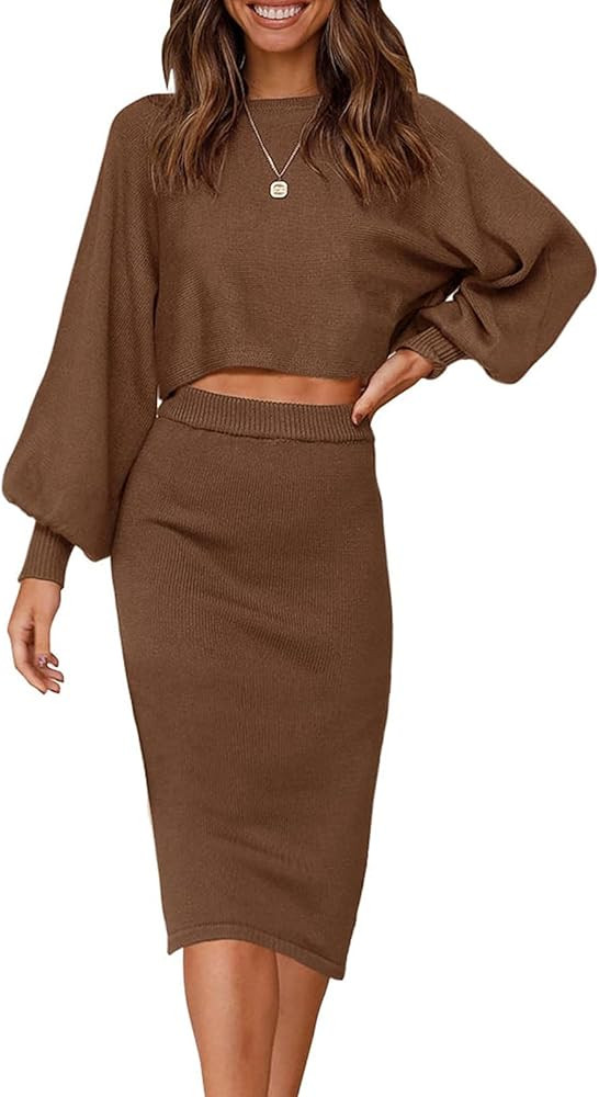 ZOWODO Women's Casual Two Piece Solid Color Ribbed Knit Long Sleeve Tops and Bodycon Midi Skirt S... | Amazon (US)