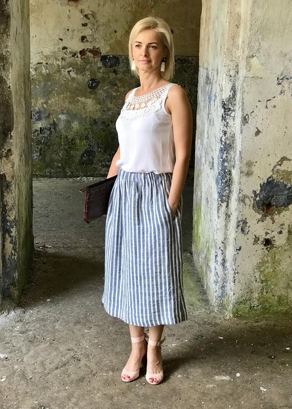 Linen skirt STRIPED midi-summer skirt with deep pockets-comfortable skirt wide elastic waistband-blu | Etsy (US)