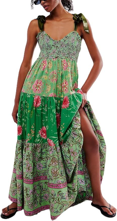 Women Summer Maxi Dress Floral Smocked Shirred Long Dress Boho Sleeveless Tie Shoulder Sundress | Amazon (US)