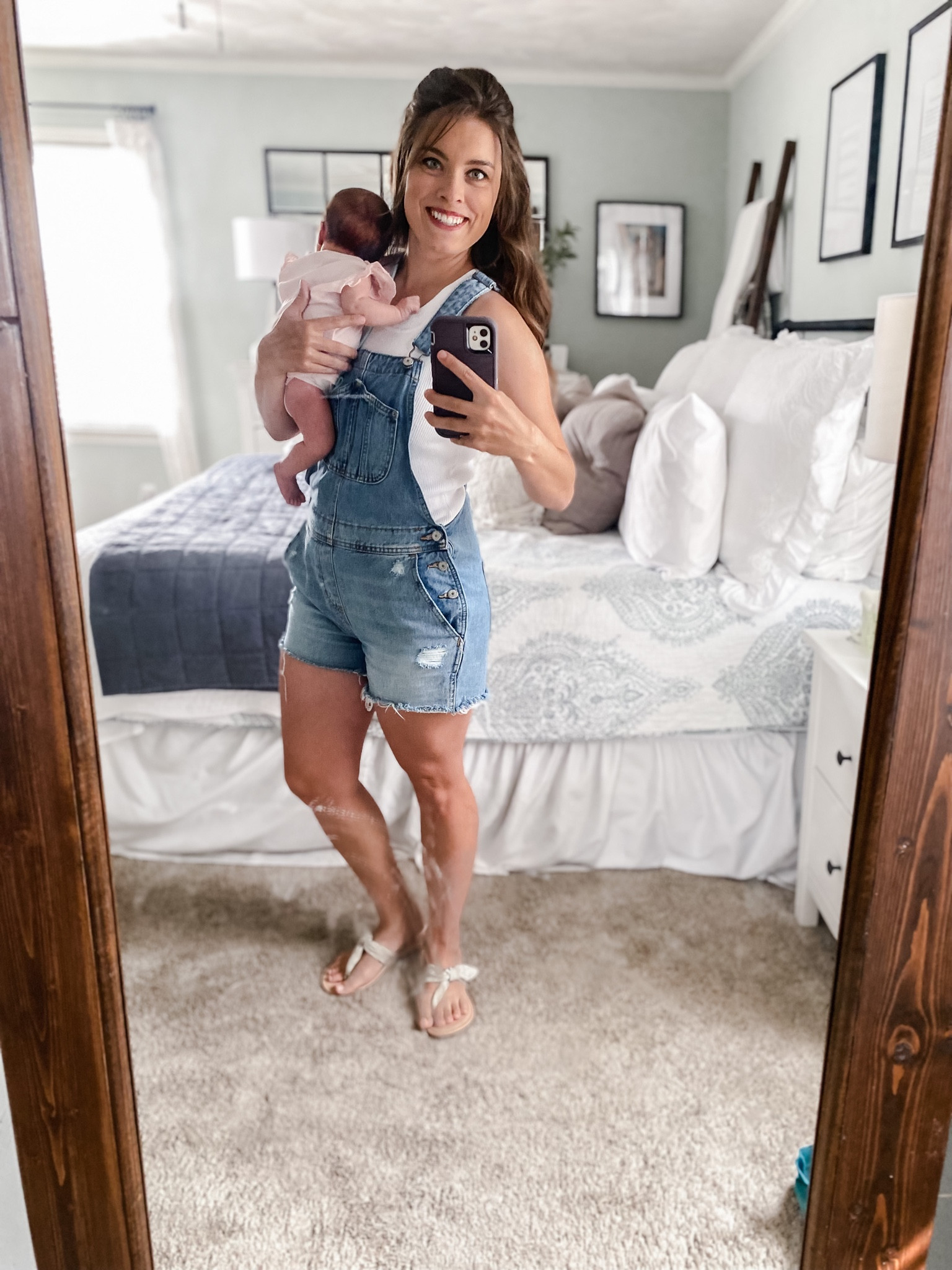 Old Navy denim short cut-off overalls for a cute, but comfy mom look complete with watermelon juice toddler hands all over the mirror. 🙃 

#LTKunder50 #LTKSeasonal #LTKFind