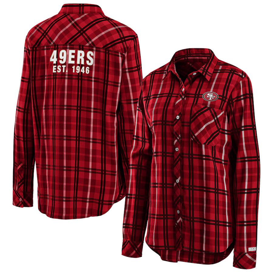 Women's San Francisco 49ers WEAR By Erin Andrews Scarlet Button-Up Plaid Long Sleeve Shirt | NFL Shop