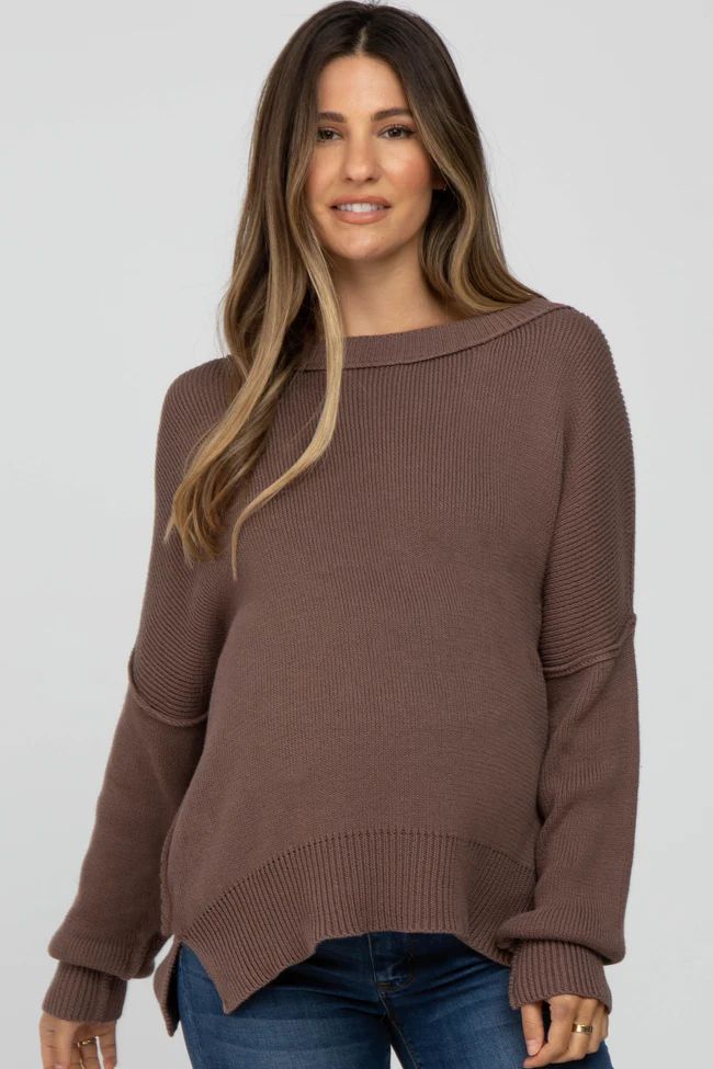 Brown Exposed Seam Side Slit Maternity Sweater | PinkBlush Maternity