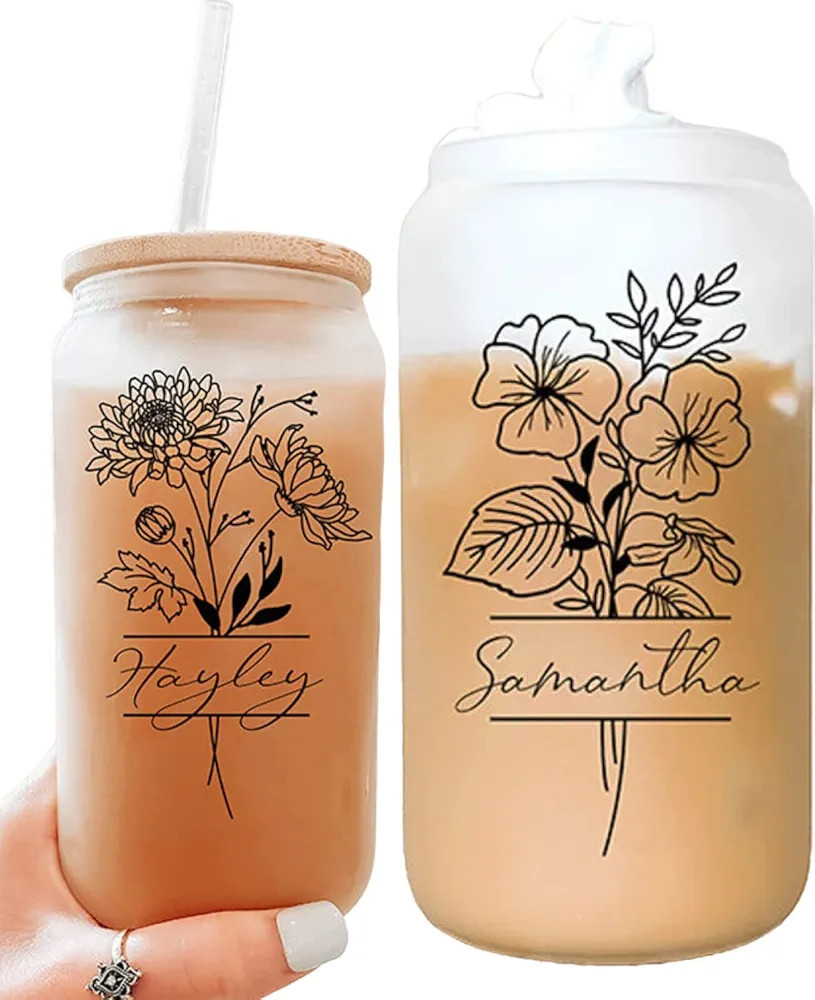 Personalized Taniri Bridesmaid Glass Tumbler Set with Straw - Birth Flower Personalized Glass Tum... | Amazon (US)