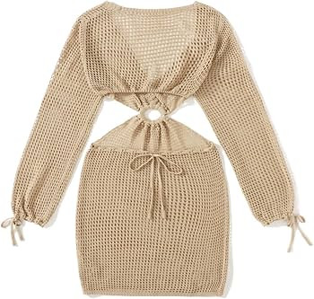 MakeMeChic Women's Crochet Cover Up Long Sleeve Knitted Swim Beach Cover Up Dress Swimwear | Amazon (US)