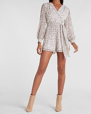 Abstract Animal Print Long Sleeve Pleated Wrap Front Romper | Express