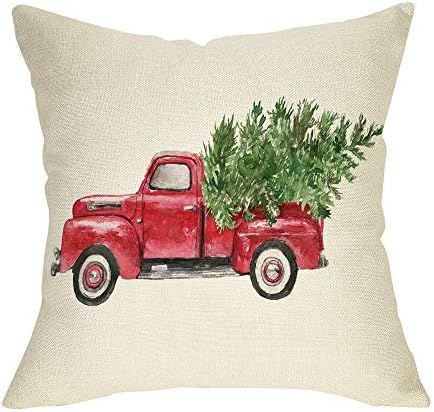 Softxpp Christmas Farmhouse Decorative Throw Pillow Cover Vintage Red Truck Winter Holiday Decoratio | Amazon (US)