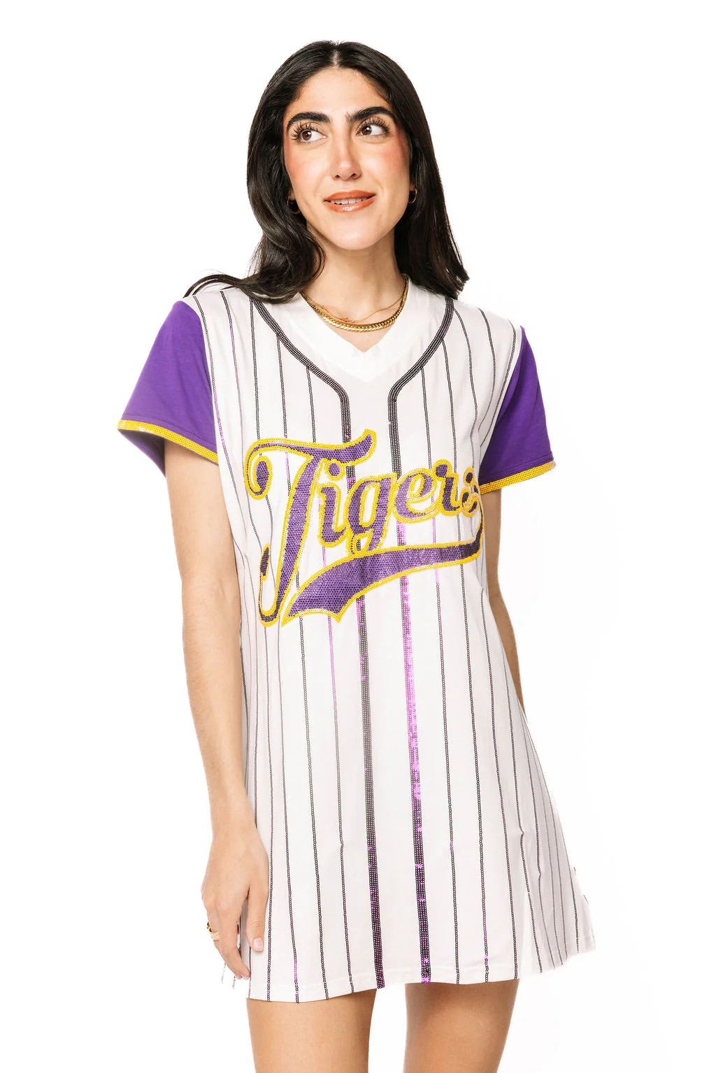 Licensed LSU Striped Baseball Color Sleeve Word Tee Dress | Queen of Sparkles