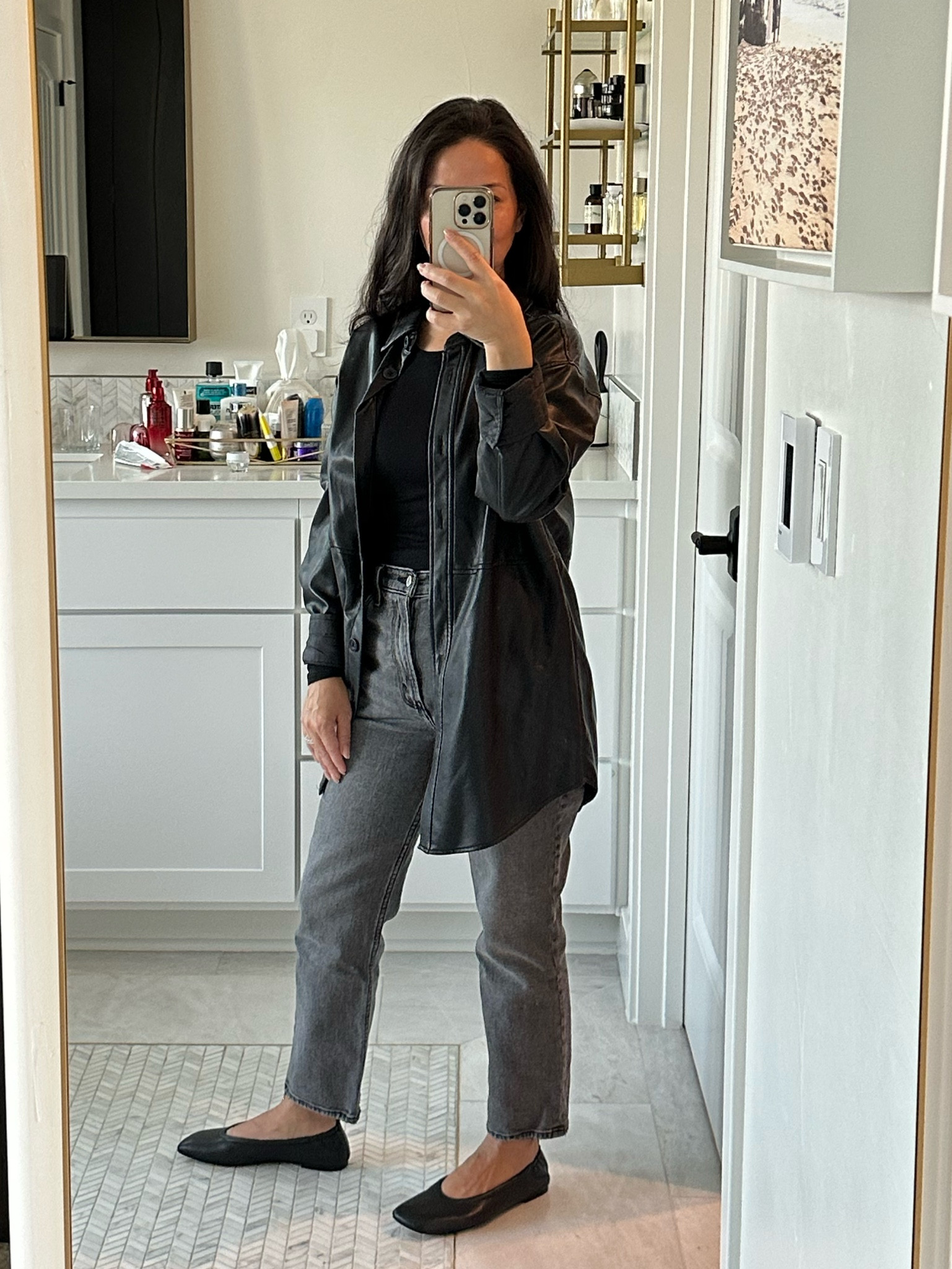 Another way to wear my favorite jeans 
Abercrombie Jean 
Uniqlo long sleeve top
Shacket faux leather 
Leather flats  
Clarins UV plus medium

#LTKStyleTip #LTKOver40 #LTKBeauty